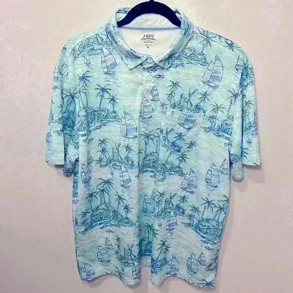 Izod Saltwater Relaxed Classics Fishing Hawaiian Polo Mens Short Sleeve Size XL - Picture 3 of 10
